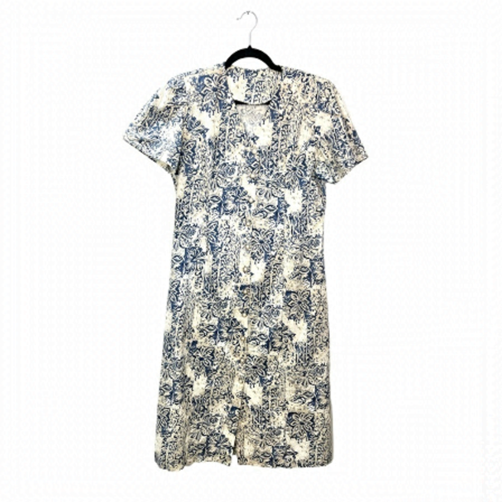 Vintage 80s 90s beige tan blue floral button front short sleeve maxi dress - Picture 4 of 10